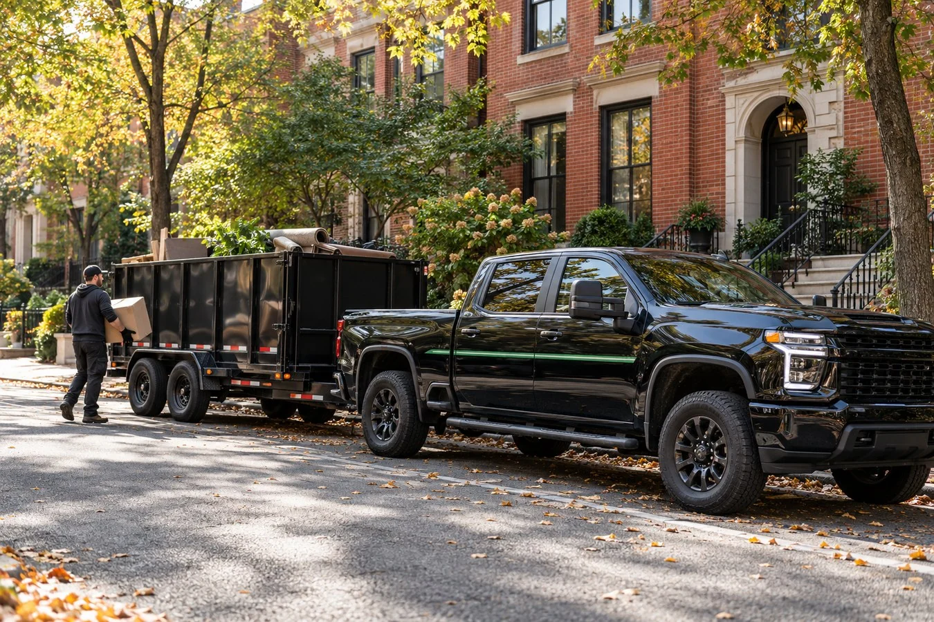 Illustration of a hauling truck and trailer on a DC residential street