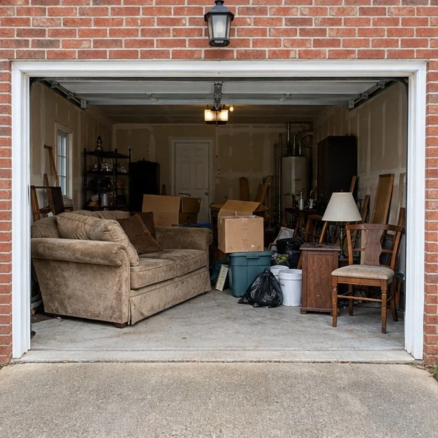 Before: illustrative garage filled with furniture and household items